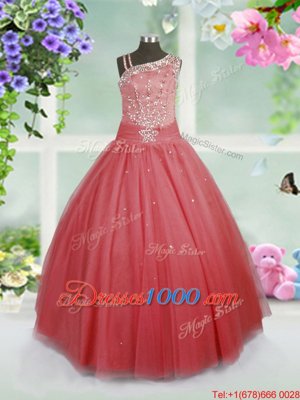 Watermelon Red Sleeveless Floor Length Beading Side Zipper Little Girls Pageant Dress Wholesale