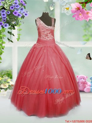 Watermelon Red Sleeveless Floor Length Beading Side Zipper Little Girls Pageant Dress Wholesale