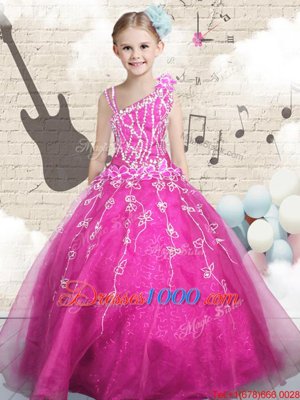 Stylish Hot Pink Ball Gowns Beading Kids Formal Wear Lace Up Tulle Sleeveless Floor Length