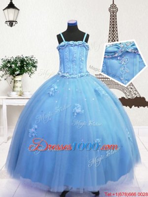 Modern Baby Blue Ball Gowns Spaghetti Straps Sleeveless Tulle Floor Length Zipper Beading and Appliques Girls Pageant Dresses