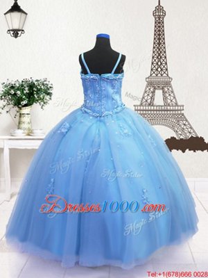 Modern Baby Blue Ball Gowns Spaghetti Straps Sleeveless Tulle Floor Length Zipper Beading and Appliques Girls Pageant Dresses