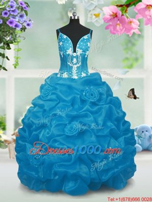 Beading and Pick Ups Little Girl Pageant Dress Baby Blue Lace Up Sleeveless Floor Length