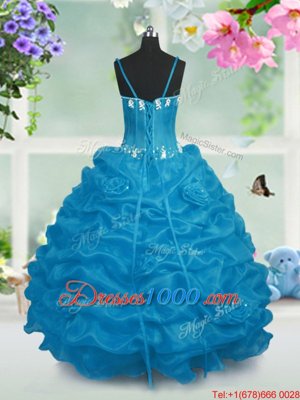 Beading and Pick Ups Little Girl Pageant Dress Baby Blue Lace Up Sleeveless Floor Length