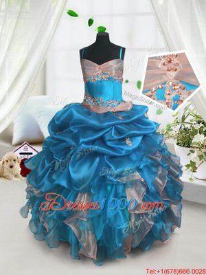 Baby Blue Organza Lace Up Kids Pageant Dress Sleeveless Floor Length Beading and Ruffles and Pick Ups