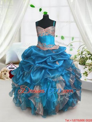 Baby Blue Organza Lace Up Kids Pageant Dress Sleeveless Floor Length Beading and Ruffles and Pick Ups
