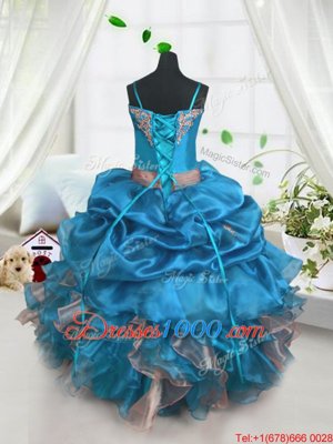 Baby Blue Organza Lace Up Kids Pageant Dress Sleeveless Floor Length Beading and Ruffles and Pick Ups
