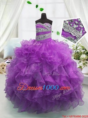 Admirable Sleeveless Floor Length Beading and Ruffles Lace Up Juniors Party Dress with Purple
