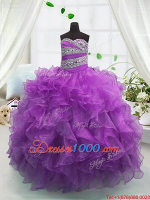 Admirable Sleeveless Floor Length Beading and Ruffles Lace Up Juniors Party Dress with Purple