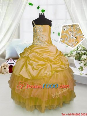 Hot Selling One Shoulder Sleeveless Satin and Tulle Floor Length Lace Up Little Girls Pageant Dress Wholesale in Orange for with Beading and Ruffled Layers and Pick Ups