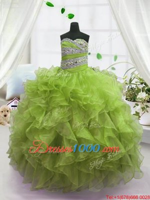 Olive Green Lace Up Kids Pageant Dress Beading and Ruffles Sleeveless Floor Length