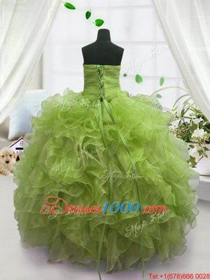 Olive Green Lace Up Kids Pageant Dress Beading and Ruffles Sleeveless Floor Length