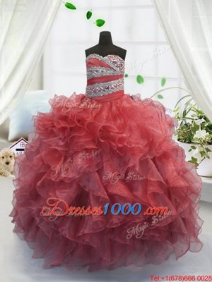 Coral Red Sleeveless Floor Length Beading and Ruffles Lace Up Little Girls Pageant Dress