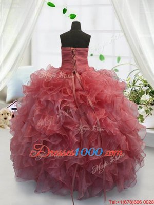 Coral Red Sleeveless Floor Length Beading and Ruffles Lace Up Little Girls Pageant Dress