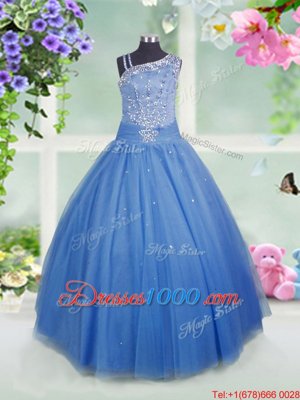 Floor Length Baby Blue Party Dress for Toddlers Asymmetric Sleeveless Side Zipper