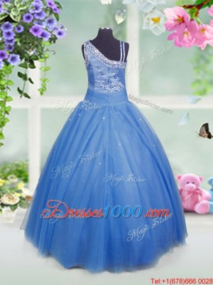 Floor Length Baby Blue Party Dress for Toddlers Asymmetric Sleeveless Side Zipper