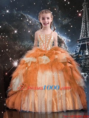 Gold Ball Gowns Tulle Spaghetti Straps Sleeveless Beading and Ruffled Layers Floor Length Lace Up Teens Party Dress