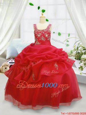 Custom Fit Pick Ups Straps Sleeveless Lace Up Little Girls Pageant Gowns Coral Red Organza