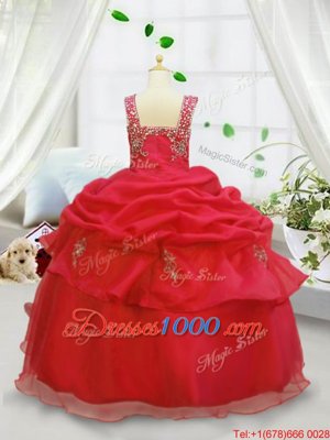 Custom Fit Pick Ups Straps Sleeveless Lace Up Little Girls Pageant Gowns Coral Red Organza