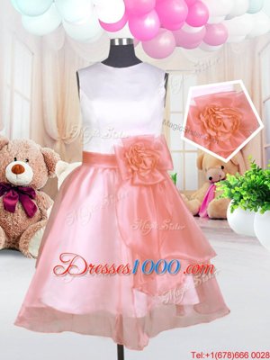 Charming Scoop Sleeveless Knee Length Hand Made Flower Zipper Little Girls Pageant Dress with Baby Pink