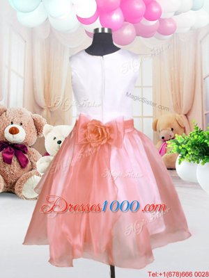 Charming Scoop Sleeveless Knee Length Hand Made Flower Zipper Little Girls Pageant Dress with Baby Pink