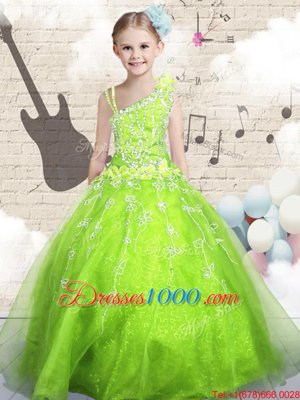 Apple Green Ball Gowns Asymmetric Sleeveless Organza Floor Length Lace Up Beading and Appliques and Hand Made Flower Womens Party Dresses