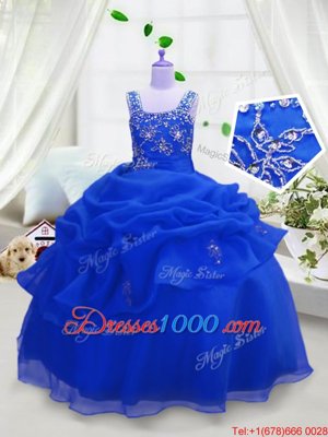 Discount Royal Blue Sleeveless Floor Length Beading and Pick Ups Zipper Kids Formal Wear