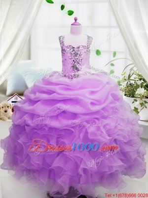Rose Pink Ball Gowns Square Sleeveless Organza Floor Length Zipper Beading and Ruffles and Pick Ups Kids Pageant Dress