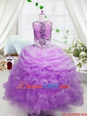 Rose Pink Ball Gowns Square Sleeveless Organza Floor Length Zipper Beading and Ruffles and Pick Ups Kids Pageant Dress