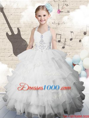Halter Top Sleeveless Child Pageant Dress Floor Length Beading and Ruffled Layers White Organza