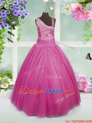 Rose Pink Sleeveless Beading Floor Length Girls Pageant Dresses