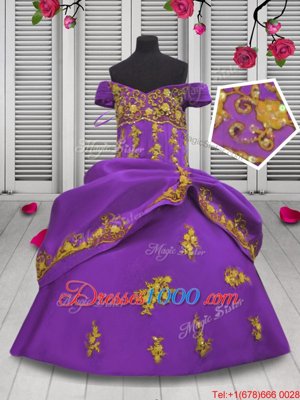 Lilac Ball Gowns Straps Sleeveless Satin Floor Length Lace Up Beading and Appliques Pageant Gowns For Girls