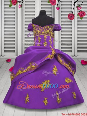 Lilac Ball Gowns Straps Sleeveless Satin Floor Length Lace Up Beading and Appliques Pageant Gowns For Girls