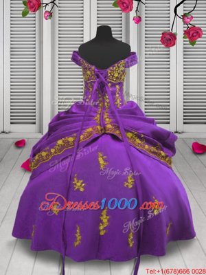 Lilac Ball Gowns Straps Sleeveless Satin Floor Length Lace Up Beading and Appliques Pageant Gowns For Girls
