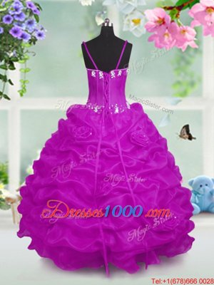 Fuchsia V-neck Neckline Beading and Appliques and Pick Ups Little Girls Pageant Dress Sleeveless Lace Up