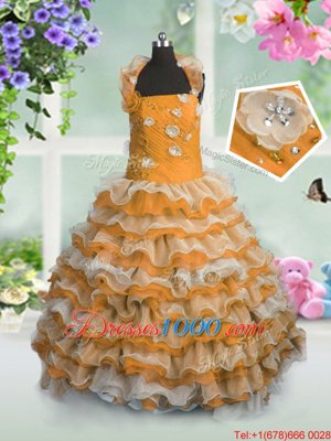 Cute Floor Length Orange Pageant Gowns For Girls Organza Sleeveless Beading and Appliques and Ruffled Layers