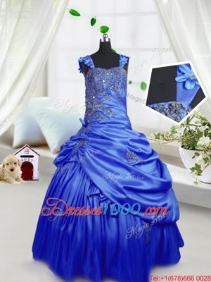 Sleeveless Floor Length Beading and Pick Ups Lace Up Kids Pageant Dress with Royal Blue
