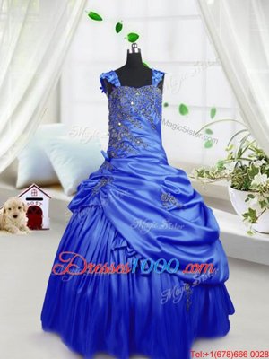 Sleeveless Floor Length Beading and Pick Ups Lace Up Kids Pageant Dress with Royal Blue