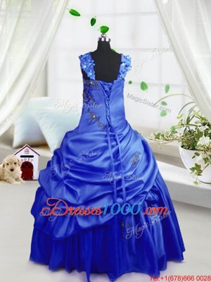Sleeveless Floor Length Beading and Pick Ups Lace Up Kids Pageant Dress with Royal Blue