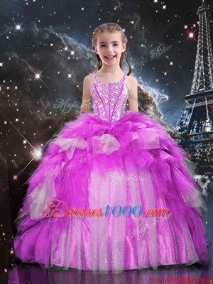 One Shoulder Fuchsia Sleeveless Beading and Ruffled Layers Floor Length Little Girls Pageant Gowns
