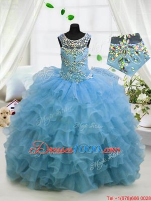 Scoop Baby Blue Lace Up Girls Pageant Dresses Beading and Ruffled Layers Sleeveless Floor Length