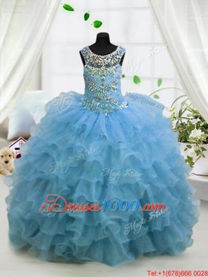 Scoop Baby Blue Lace Up Girls Pageant Dresses Beading and Ruffled Layers Sleeveless Floor Length