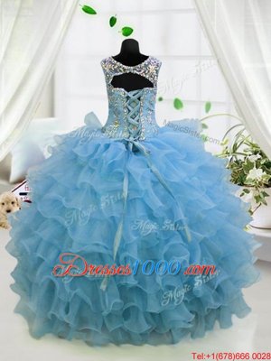 Scoop Baby Blue Lace Up Girls Pageant Dresses Beading and Ruffled Layers Sleeveless Floor Length