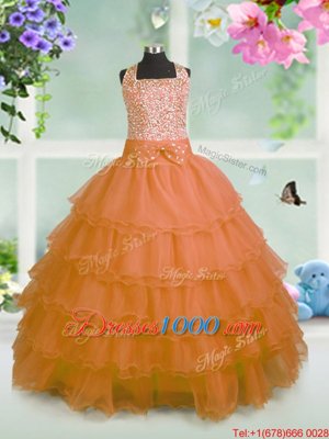 Orange Straps Zipper Beading and Ruffled Layers and Bowknot Little Girl Pageant Dress Sleeveless