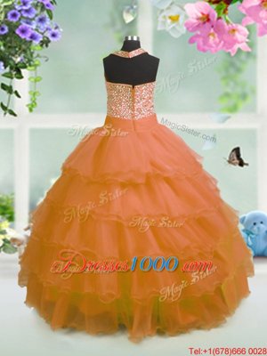 Orange Straps Zipper Beading and Ruffled Layers and Bowknot Little Girl Pageant Dress Sleeveless