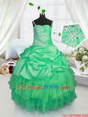 Strapless Sleeveless Little Girl Pageant Gowns Floor Length Beading and Ruffled Layers and Pick Ups Apple Green Satin and Tulle