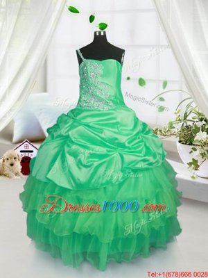 Strapless Sleeveless Little Girl Pageant Gowns Floor Length Beading and Ruffled Layers and Pick Ups Apple Green Satin and Tulle