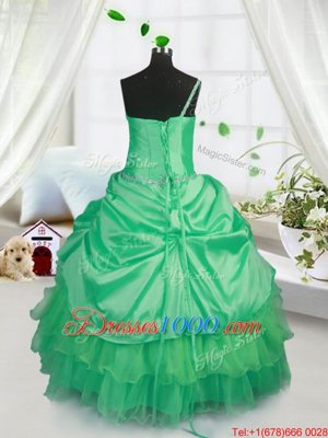 Strapless Sleeveless Little Girl Pageant Gowns Floor Length Beading and Ruffled Layers and Pick Ups Apple Green Satin and Tulle