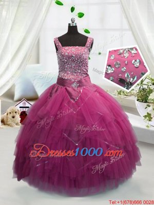 Sleeveless Tulle Floor Length Lace Up Pageant Gowns For Girls in Rose Pink for with Beading and Ruffles