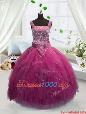Sleeveless Tulle Floor Length Lace Up Pageant Gowns For Girls in Rose Pink for with Beading and Ruffles