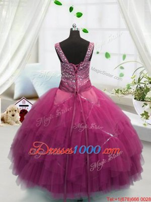 Sleeveless Tulle Floor Length Lace Up Pageant Gowns For Girls in Rose Pink for with Beading and Ruffles
